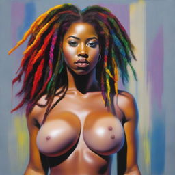 A hyper-realistic, full-body oil-based painting of a sexy Black woman with colorful dreadlocks