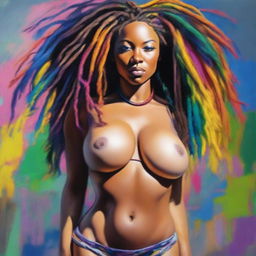 A hyper-realistic, full-body oil-based painting of a sexy Black woman with colorful dreadlocks