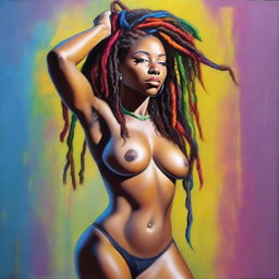 A hyper-realistic, full-body oil-based painting of a sexy Black woman with colorful dreadlocks