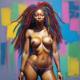 A hyper-realistic, full-body oil-based painting of a sexy Black woman with colorful dreadlocks