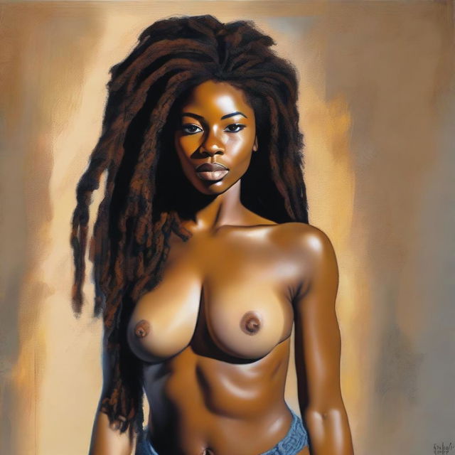 A hyper-realistic, full-body oil-based painting of a sexy Black woman with natural dreadlocks