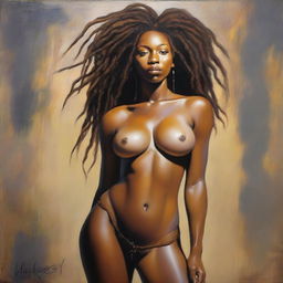 A hyper-realistic, full-body oil-based painting of a sexy Black woman with natural dreadlocks