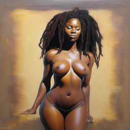 A hyper-realistic, full-body oil-based painting of a sexy Black woman with natural dreadlocks