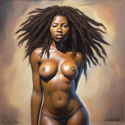 A hyper-realistic, full-body oil-based painting of a sexy Black woman with natural dreadlocks