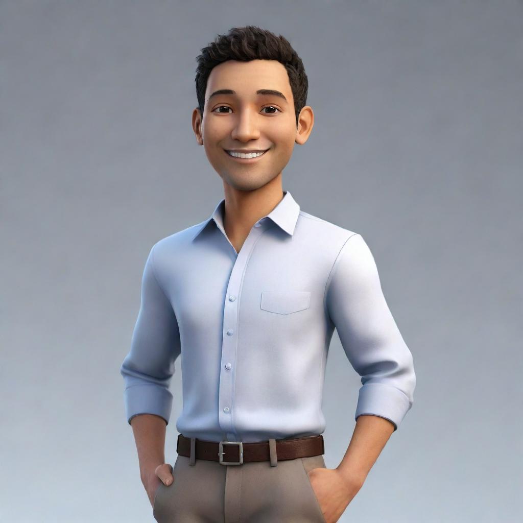 A friendly avatar with a welcoming smile and casual attire standing in a relaxed pose.