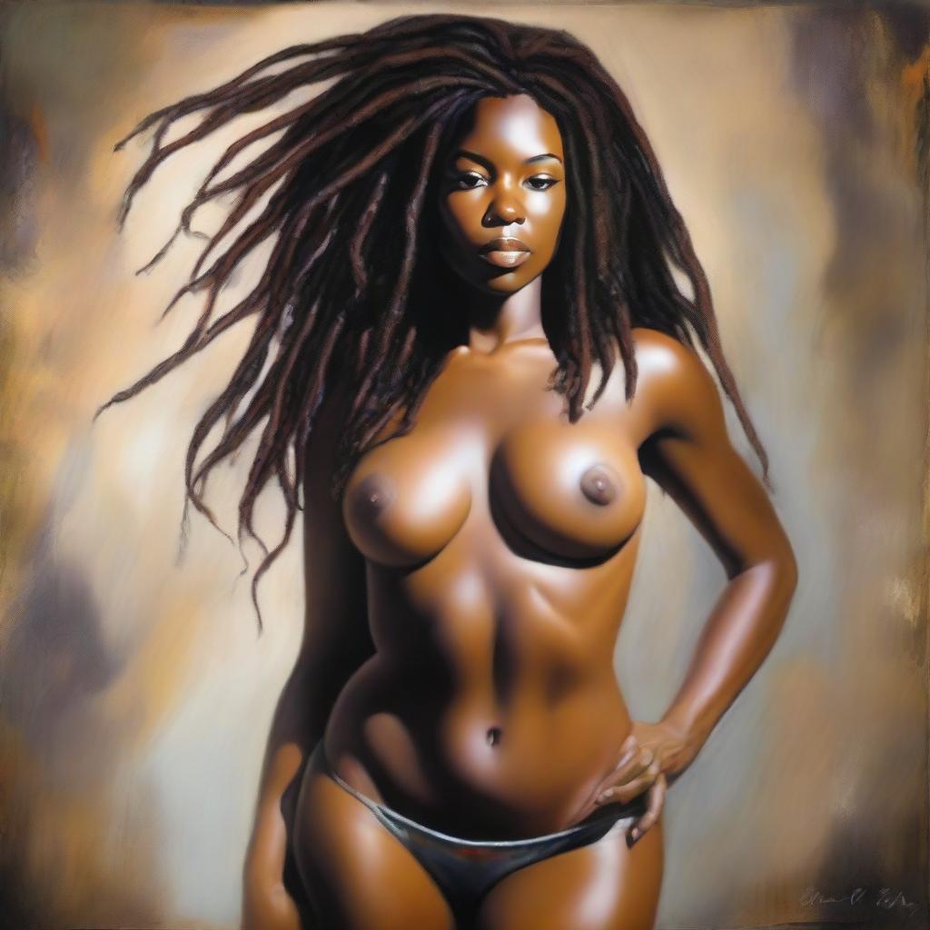 A polished, hyper-realistic, full-body oil-based painting of a sexy Black woman with natural dreadlocks