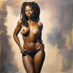 A polished, hyper-realistic, full-body oil-based painting of a sexy Black woman with natural dreadlocks