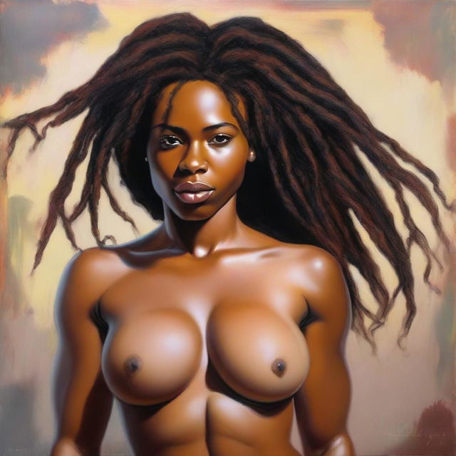 A polished, hyper-realistic, full-body oil-based painting of a sexy Black woman with natural dreadlocks