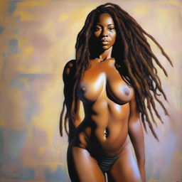 A polished, hyper-realistic, full-body oil-based painting of a sexy Black woman with natural dreadlocks