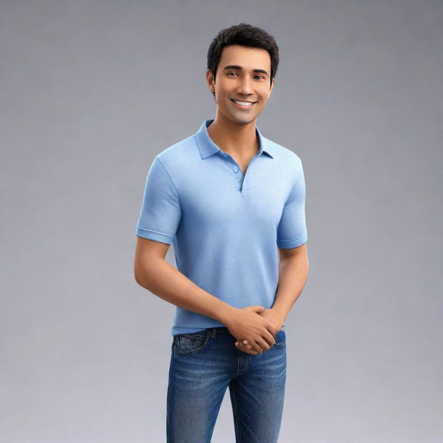 A friendly avatar with a welcoming smile and casual attire standing in a relaxed pose.