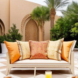 Chic outdoor seating area, influenced by the charm of Arabic line designs, boasting comfortable cushions, elaborate geometric patterns, and intricate details in a rich color palette.