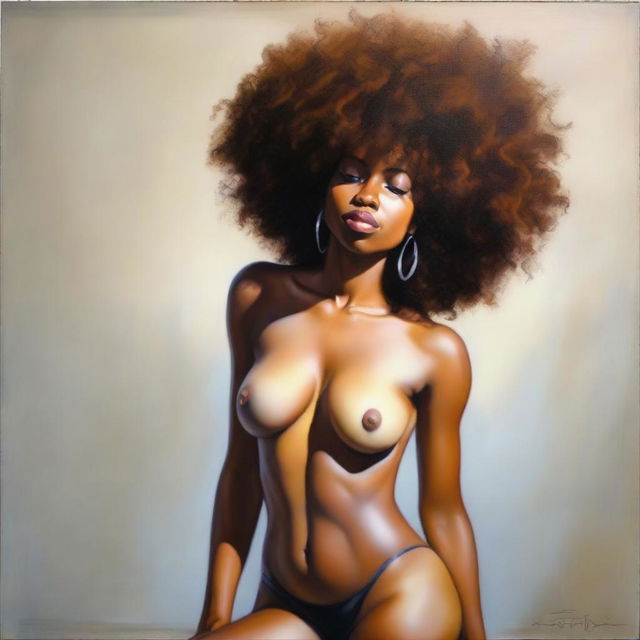 A polished, hyper-realistic, full-body oil-based painting of a sexy Black woman with a natural afro