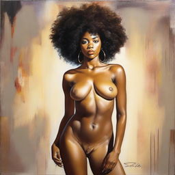 A polished, hyper-realistic, full-body oil-based painting of a sexy Black woman with a natural afro