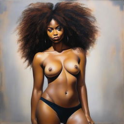 A polished, hyper-realistic, full-body oil-based painting of a sexy Black woman with a natural afro