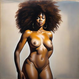 A polished, hyper-realistic, full-body oil-based painting of a sexy Black woman with a natural afro