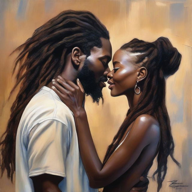 A polished, hyper-realistic, full-body oil-based painting of a beautiful Black couple with natural dreadlocks being affectionate