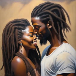 A polished, hyper-realistic, full-body oil-based painting of a beautiful Black couple with natural dreadlocks being affectionate