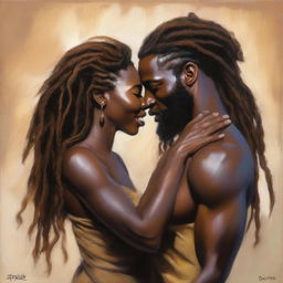 A polished, hyper-realistic, full-body oil-based painting of a beautiful Black couple with natural dreadlocks being affectionate