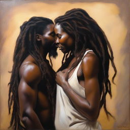 A polished, hyper-realistic, full-body oil-based painting of a beautiful Black couple with natural dreadlocks being affectionate