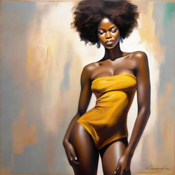 A high definition, polished, full-body oil-based painting of a beautiful Black woman with a natural afro and an oiled body