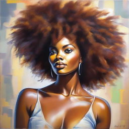 A high definition, polished, full-body oil-based painting of a beautiful Black woman with a natural afro and an oiled body