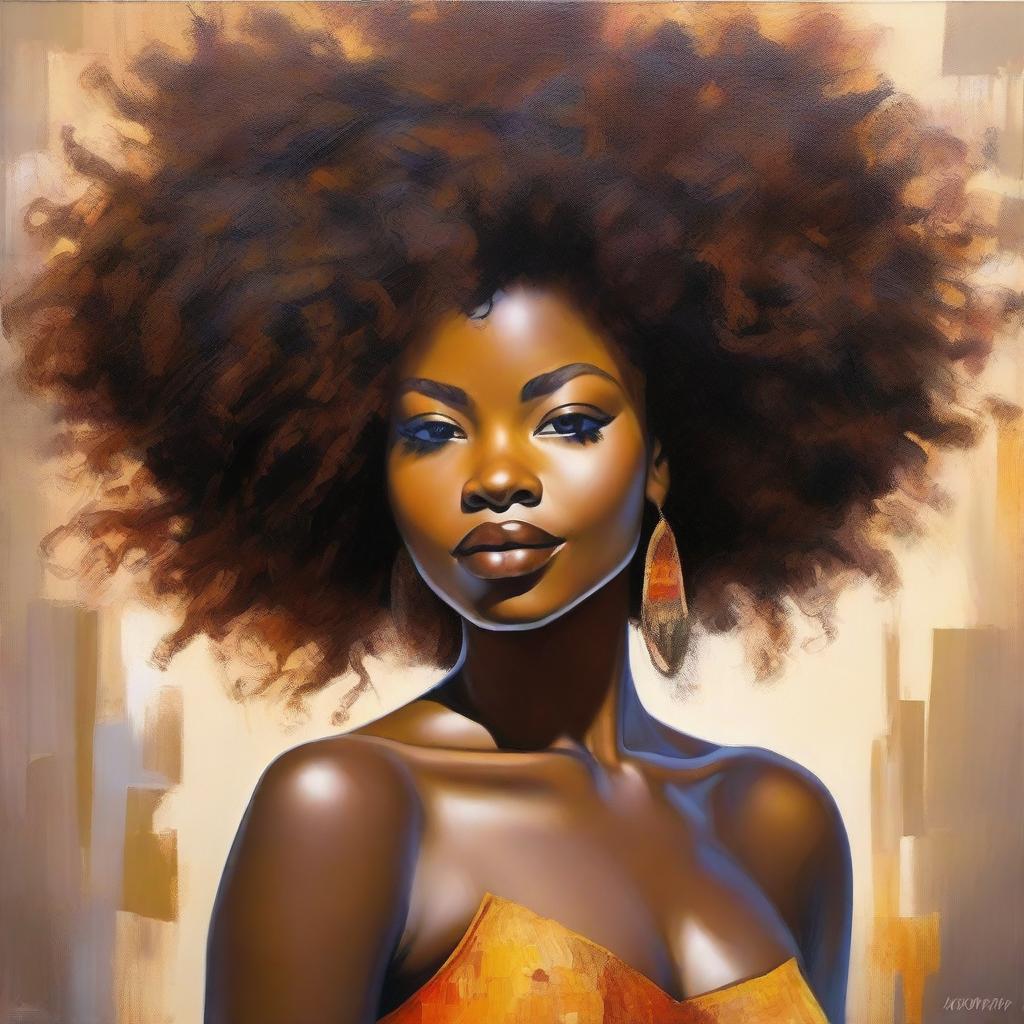 A high definition, polished, full-body oil-based painting of a beautiful Black woman with a natural afro and an oiled body