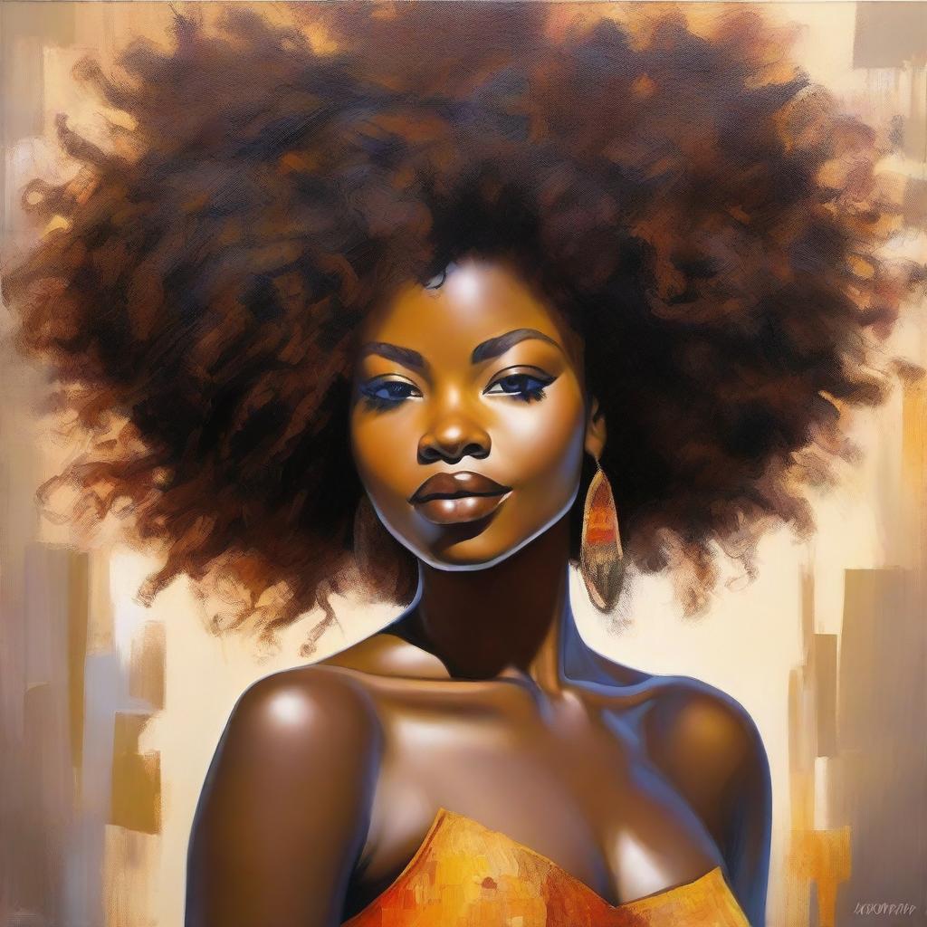 A high definition, polished, full-body oil-based painting of a beautiful Black woman with a natural afro and an oiled body