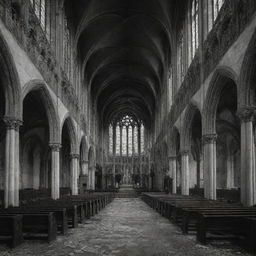 An intricately detailed, abandoned gothic church displaying ornate architecture and frescoes, filled with a melancholic and foreboding aura. Vaguely human-shaped sheets linger in black and white.