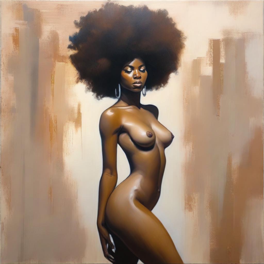 A high definition, polished oil-based painting of a full-body view of a beautiful Black woman with an afro and an oiled body