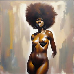 A high definition, polished oil-based painting of a full-body view of a beautiful Black woman with an afro and an oiled body