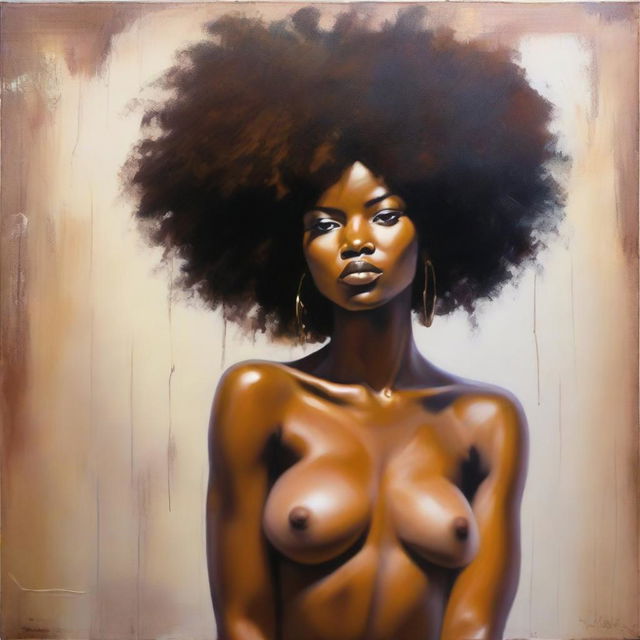 A high definition, polished oil-based painting of a full-body view of a beautiful Black woman with an afro and an oiled body