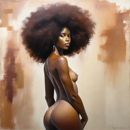 A high definition, polished oil-based painting of a full-body view of a beautiful Black woman with an afro and an oiled body