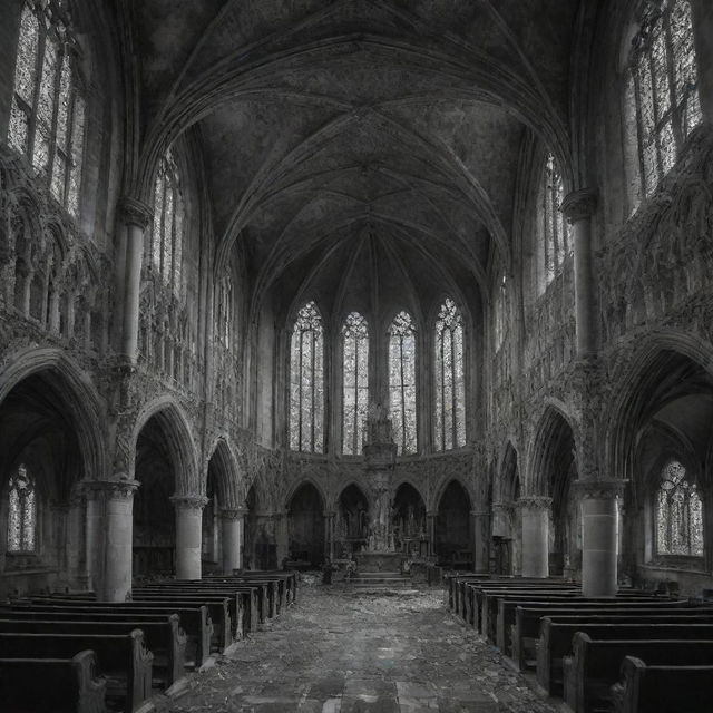 An intricately detailed, abandoned gothic church displaying ornate architecture and frescoes, filled with a melancholic and foreboding aura. Vaguely human-shaped sheets linger in black and white.