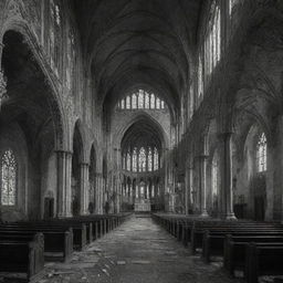 An intricately detailed, abandoned gothic church displaying ornate architecture and frescoes, filled with a melancholic and foreboding aura. Vaguely human-shaped sheets linger in black and white.