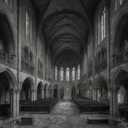 An intricately detailed, abandoned gothic church displaying ornate architecture and frescoes, filled with a melancholic and foreboding aura. Vaguely human-shaped sheets linger in black and white.