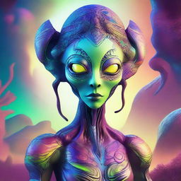 A detailed illustration of a female alien with unique, otherworldly features