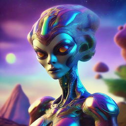 A detailed illustration of a female alien with unique, otherworldly features