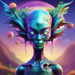 A detailed illustration of a female alien with unique, otherworldly features