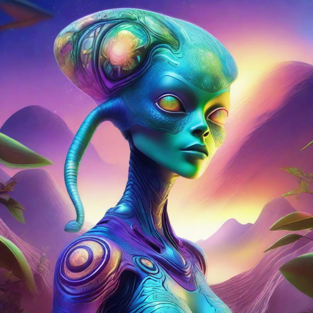 A detailed illustration of a female alien with unique, otherworldly features