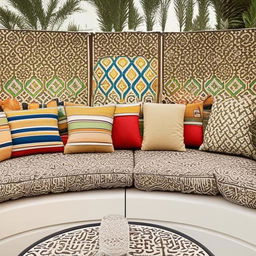 Chic outdoor seating area, influenced by the charm of Arabic line designs, boasting comfortable cushions, elaborate geometric patterns, and intricate details in a rich color palette.