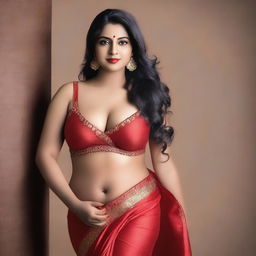 A beautiful Indian woman with a voluptuous body wearing a tight red saree and a tight bra