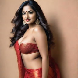 A beautiful Indian woman with a voluptuous body wearing a tight red saree and a tight bra