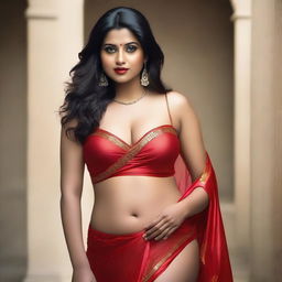 A beautiful Indian woman with a voluptuous body wearing a tight, transparent red satin saree and bra