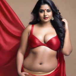 A beautiful Indian woman with a voluptuous body wearing a tight, transparent red satin saree and bra