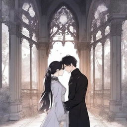 A dark and forbidden romance scene from a manhwa, featuring a mysterious couple in a shadowy, gothic setting