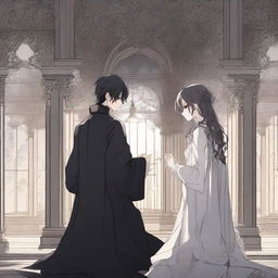 A dark and forbidden romance scene from a manhwa, featuring a mysterious couple in a shadowy, gothic setting