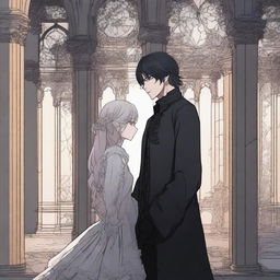 A dark and forbidden romance scene from a manhwa, featuring a mysterious couple in a shadowy, gothic setting