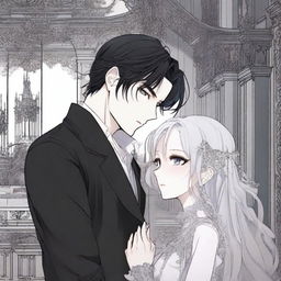 A dark and forbidden romance scene from a manhwa, featuring a mysterious couple in a shadowy, gothic setting