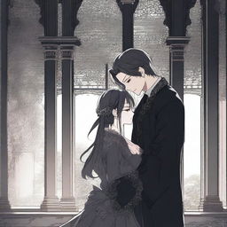 A dark and forbidden romance scene from a manhwa, featuring a mysterious couple in a shadowy, gothic setting