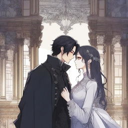 A dark and forbidden romance scene from a manhwa, featuring a mysterious couple in a shadowy, gothic setting